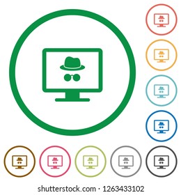 Monitor with incognito symbol flat color icons in round outlines on white background