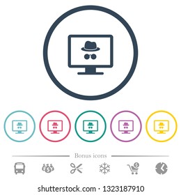 Monitor with incognito symbol flat color icons in round outlines. 6 bonus icons included.