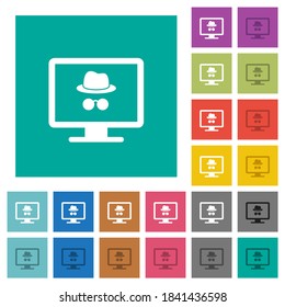 Monitor with incognito symbol multi colored flat icons on plain square backgrounds. Included white and darker icon variations for hover or active effects.