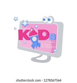 Monitor and the inscription with space rocket. KIDs channel. SEASON OF OPENINGS. Cartoon Style. Designing a screensaver, emblem for a children's video channel, blog, store, studio.