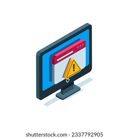 monitor isometric icon with open program window and exclamation in color on white background, error or software failure