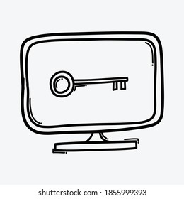 Monitor with key doodle vector icon. Drawing sketch illustration hand drawn line.