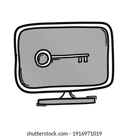 Monitor with key doodle vector icon. Drawing sketch illustration hand drawn line.