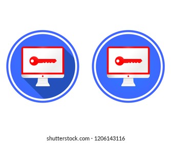 Monitor and key round flat icon, computer with password icon isolated on white background