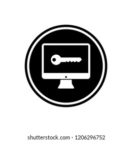 Monitor and key round glyph icon, computer with password icon isolated on white background