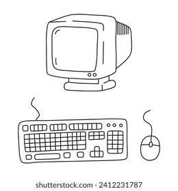 Monitor, keyboard and computer mouse in doodle style. Vector illustration isolated on white background