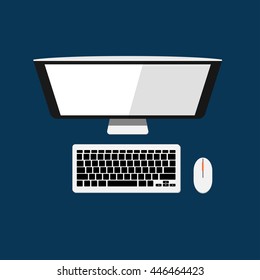 Monitor with keyboard and computer mouse, PC Top view, Flat designed Vector illustration.