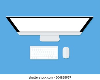 Monitor with keyboard and computer mouse. Top view. Vector illustration.