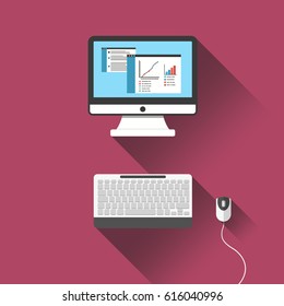 Monitor, Keyboard and Mouse. Long Shadow Flat Design Vector Illustration