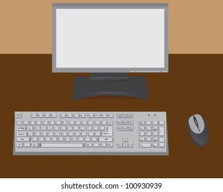 The monitor, keyboard and mouse are on the table.
