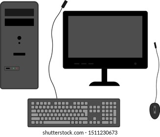 Monitor, keyboard, mouse and system unit. The set of computer equipment. Simple flat illustration. Empty display space for your mockups.
