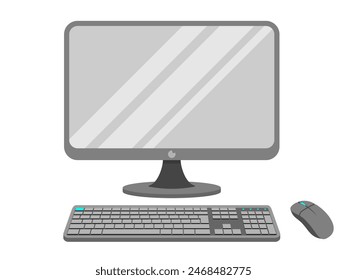 Monitor keyboard and mouse vector illustration isolated on color background flat cartoon style, idea of computer workplace, working table, work desk with pc