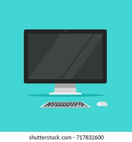 Monitor keyboard and mouse vector illustration isolated on color background flat cartoon style, idea of computer workplace, working table, work desk with pc