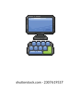 monitor with keyboard in pixel art style