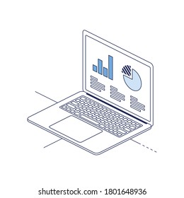 Monitor laptop screen charts. Vector 3d line isometric, color web icons set, new flat style. Creative illustration, idea for infographics.
