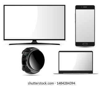 Monitor, Laptop, Smart Watch, Mobile Phone Mockup. White Screen Digital Computer Display. Modern Notebook Portable Electronic Illustration. Wristwatch Template. Touch Interface Smartphone Layout