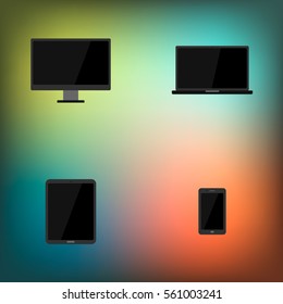 Monitor, laptop, tablet, mobile. Set flat icons on colorful background