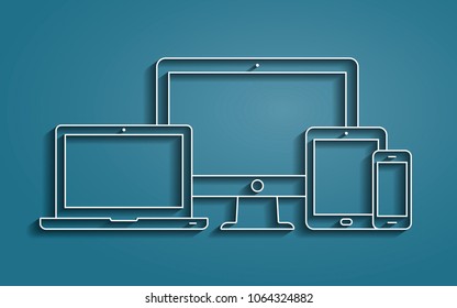 Monitor, laptop, tablet pc and smartphone vector outline icons