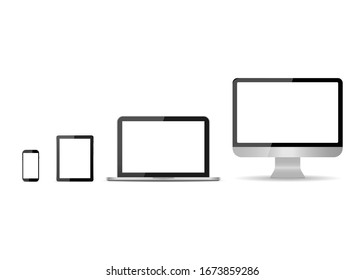 Monitor, portátil, tablet, smartphone aislado en fondo blanco. Conjunto de dispositivos de simulación con pantalla blanca. Aparatos electrónicos modernos. Computadora de PC, portátil, móvil, tableta para comunicación web. Vector