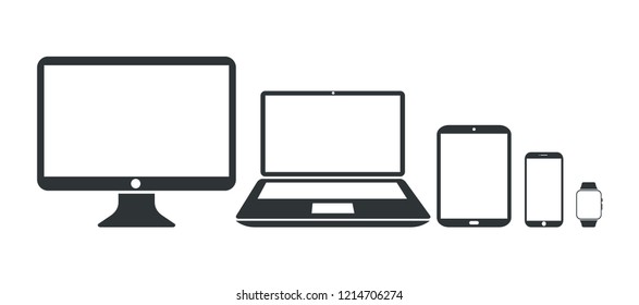 Monitor, laptop, tablet, smartphone and smartwatch icons.