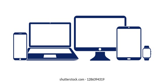Monitor, laptop, tablet, smartphone, and smartwatch. Technological devices. Vector illustration.