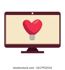 monitor with light bulb in shape heart vector illustration design