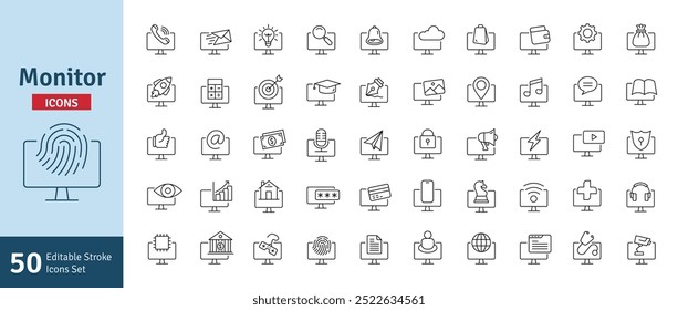 Einstellung für bearbeitbare Kontursymbole der Monitorzeile. PC, Computerfunktionen, Einstellungen, Technologie, Sicherheit, Einkauf, Geldbörse, Marketing, Werbung, Kommunikationssammlung, Vektorgrafik.