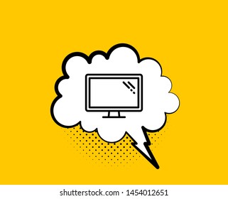 Monitor line icon. Comic speech bubble. Computer component device sign. Screen symbol. Yellow background with chat bubble. Monitor icon. Colorful banner. Vector