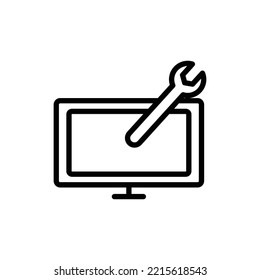 Monitor line icon illustration with wrench. icon illustration related repair, maintenance. Simple vector design editable