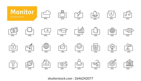 Conjunto de iconos de línea de monitor. Correo electrónico, Finanzas, Marketing, StartUp, Música, Salud, Juegos, Huella digital, Iconos de documentos Ilustración vectorial de trazo editable