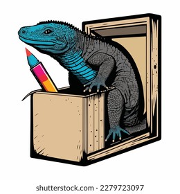 A Monitor lizard in a box with a paintbrush flat logo style