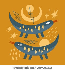 Monitor lizard childish cartoon groovy boho illustration naive funky handdrawn style art vector