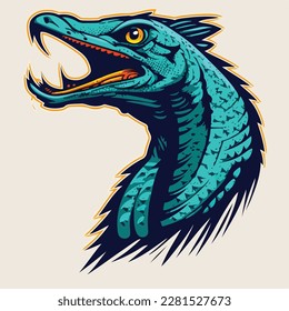 Vigilar el lagarto o la boquilla de los animales salvajes para la mascota del equipo deportivo. Vector aislado icono plano del símbolo de depredador de lagartijas Monitor salvaje para blazon, insignia o club de aventura de la naturaleza de caza.