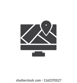 Monitor location map vector icon. filled flat sign for mobile concept and web design. Map Screen simple solid icon. Gps navigation symbol, logo illustration. Pixel perfect vector graphics