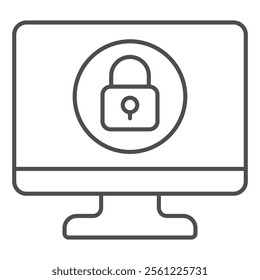 Monitor with lock thin line icon, data protection concept. Vector graphics. Display, desktop with locked screen sign on white background, outline style icon for mobile or web design