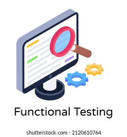 Monitor with magnifier denoting isometric icon of functional testing 

