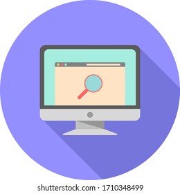 Monitor with magnifier flat icon on purple background, vector symbol 