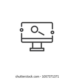 Monitor with magnifying glass on screen outline icon. linear style sign for mobile concept and web design. Computer search information with magnifier simple line vector icon. Symbol, logo illustration