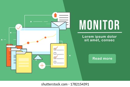 Monitor and management business concept design. Finance website landing page. Modern and colorful vibe. 