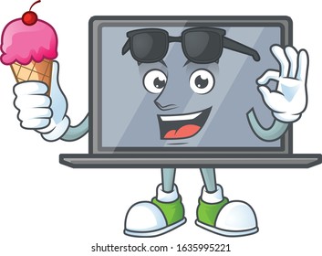 Monitor mascot cartoon style eating an ice cream