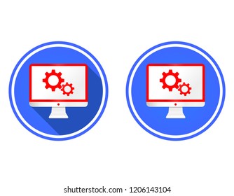 Monitor and mechanism round flat icon, Service monitor icon isolated on white background