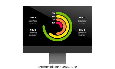 Monitor mock up. Infographic slide template. Circle diagram chart. Financial report display. Electronic device presentation. User interface and experience computer screen. 
