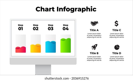 El monitor se burla. Plantilla de diapositiva infográfica. Gráfica de 4 pasos con líquido. Presentación electrónica de dispositivos. Interfaz de usuario y pantalla de ordenador de experiencia. 