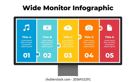 Monitor mock up. Infographic slide template. Electronic device presentation. User interface and experience ultra wide display screen. 