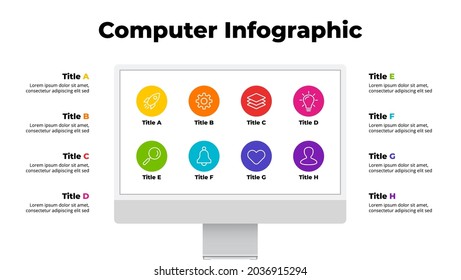 Monitor mock up. Infographic slide template. 8 options, parts, steps. Electronic device presentation. User interface and experience computer screen. 