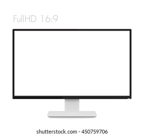 monitor mockup on white, modern realistic computer display with wide blank screen and thin frames, vector illustration