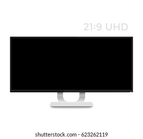 monitor mockup on white, realistic display with ultra wide screen