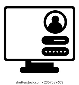 Überwachen Sie Monoblock mit dem Benutzer Login-Seite solide Symbol, Computer-Konzept, Autorisierungs-Vektorzeichen auf weißem Hintergrund, Glyph-Stil Symbol für mobiles Konzept und Web-Design. Vektorgrafik