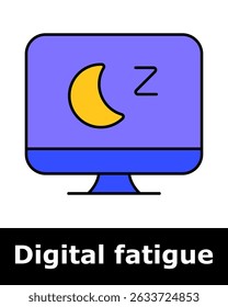Monitor com símbolo de lua e sono, representando fadiga da tela, uso noturno, sono interrompido, esgotamento digital, recomendação de repouso.