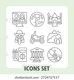 Monitor, motorcycle, tester simple icons set depicting travel, sport, bank and planting items in outline style for web apps and print on white background. Vector graphics. Set of nine thin line icons